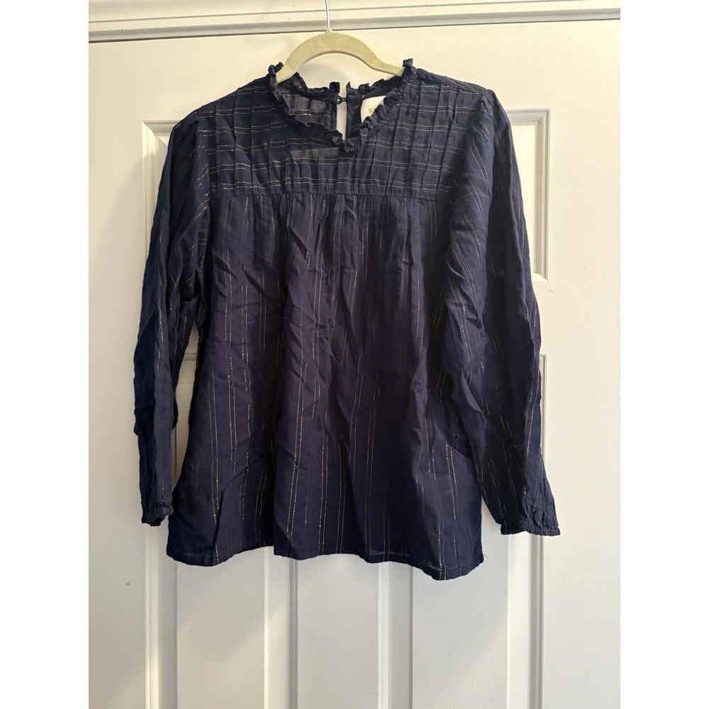 MAEVE Anthropologie Reston Blouse Long Sleeve M Navy Blue Gold Stripe Medium